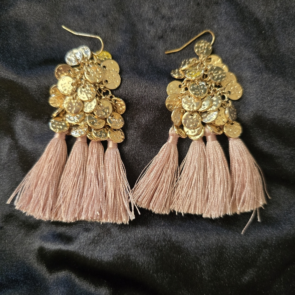 Gold and Pink Tassel, Fringe , Bohemian Earrings